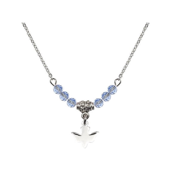 18-Inch Rhodium Plated Necklace with 4mm Light Blue September Birth Month Stone Beads and Holy Spirit Charm