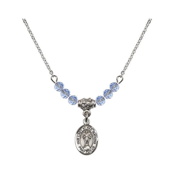 18-Inch Rhodium Plated Necklace with 4mm Light Blue September Birth Month Stone Beads and Our Lady of All Nations Charm