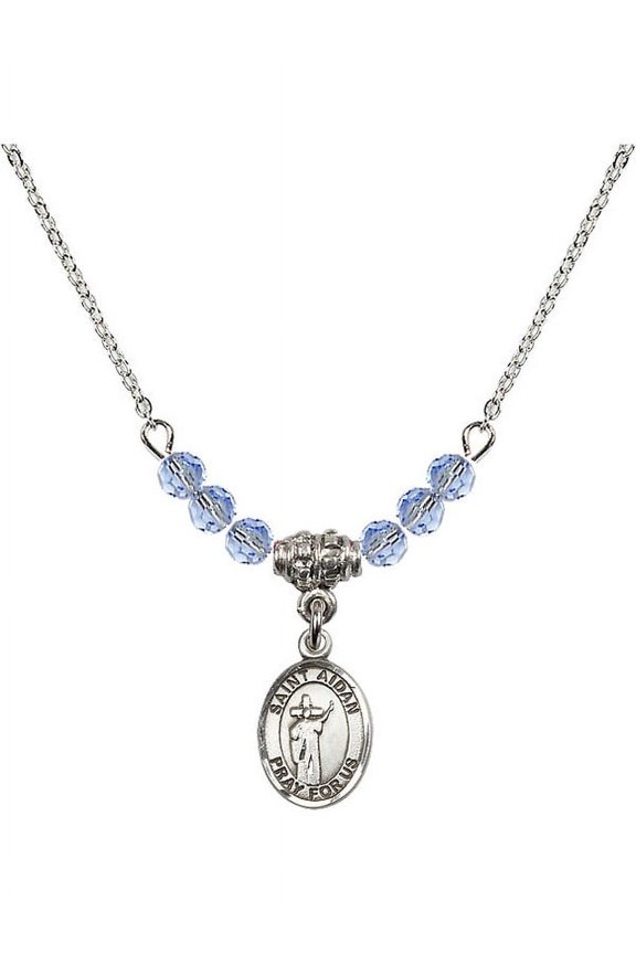 18-Inch Rhodium Plated Necklace with 4mm Light Blue September Birth Month Stone Beads and Saint Aidan of Lindesfarne Charm