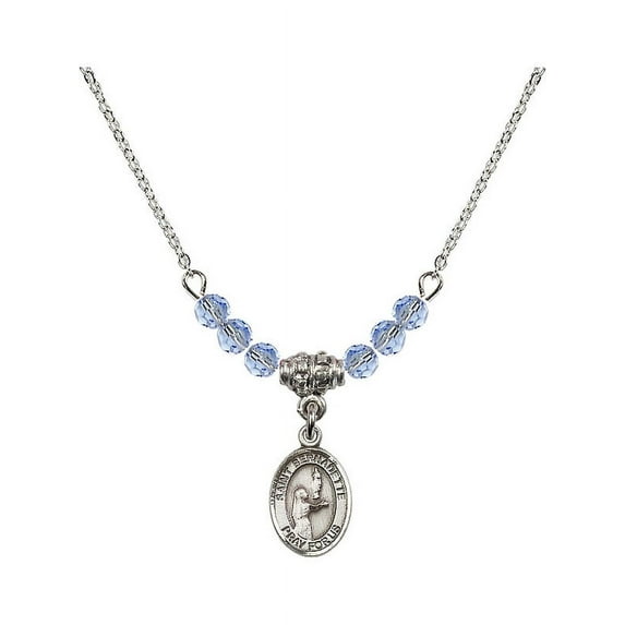 18-Inch Rhodium Plated Necklace with 4mm Light Blue September Birth Month Stone Beads and Saint Bernadette Charm