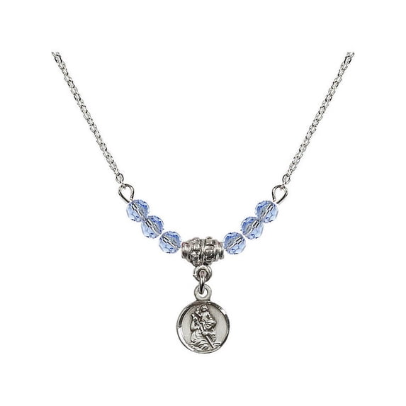 18-Inch Rhodium Plated Necklace with 4mm Light Blue September Birth Month Stone Beads and Saint Christopher Charm