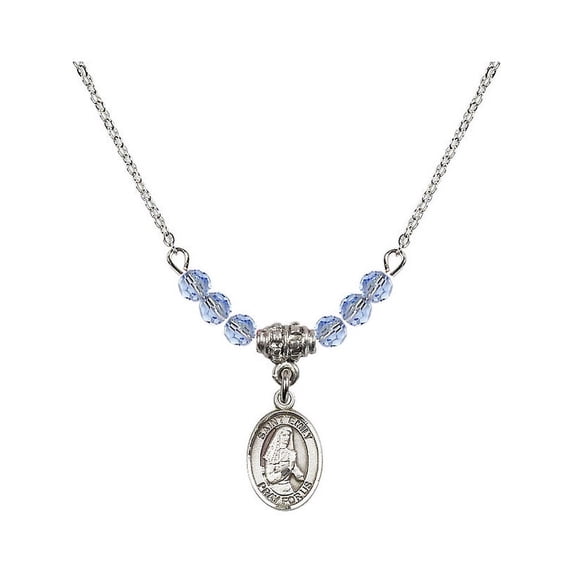 18-Inch Rhodium Plated Necklace with 4mm Light Blue September Birth Month Stone Beads and Saint Emily de Vialar Charm