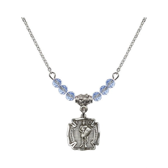 18-Inch Rhodium Plated Necklace with 4mm Light Blue September Birth Month Stone Beads and Saint Florian Charm