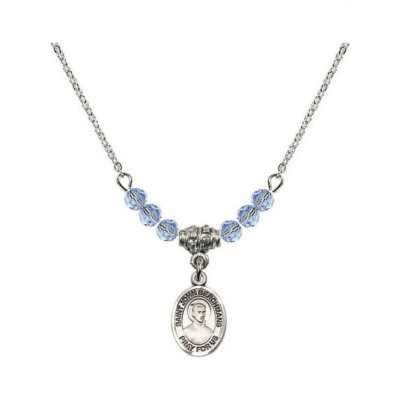 18-Inch Rhodium Plated Necklace with 4mm Light Blue September Birth Month Stone Beads and Saint John Berchmans Charm