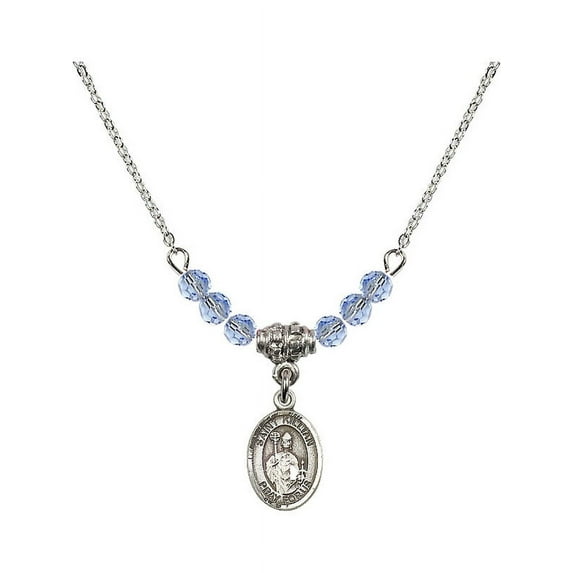18-Inch Rhodium Plated Necklace with 4mm Light Blue September Birth Month Stone Beads and Saint Kilian Charm