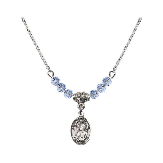 18-Inch Rhodium Plated Necklace with 4mm Light Blue September Birth Month Stone Beads and Saint Rene Goupil Charm