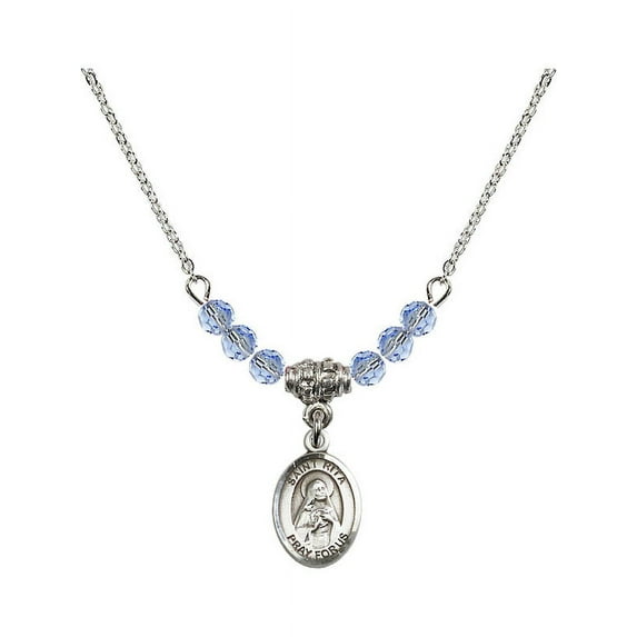 18-Inch Rhodium Plated Necklace with 4mm Light Blue September Birth Month Stone Beads and Saint Rita / Baseball Charm