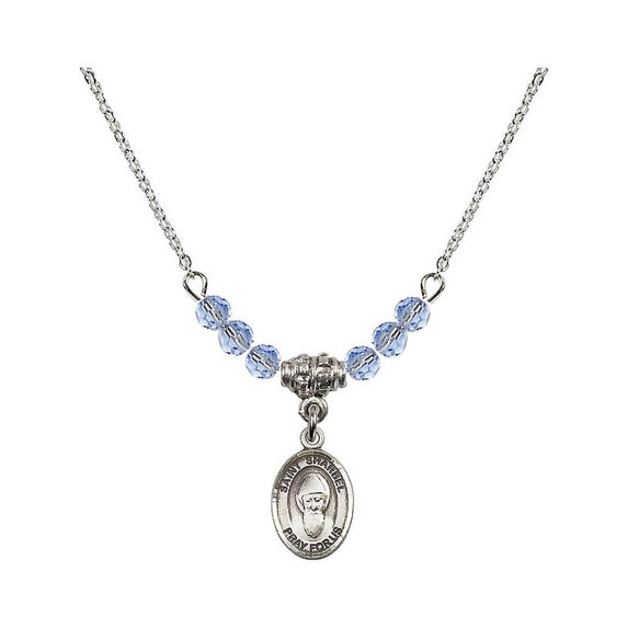 18-Inch Rhodium Plated Necklace with 4mm Light Blue September Birth Month Stone Beads and Saint Sharbel Charm