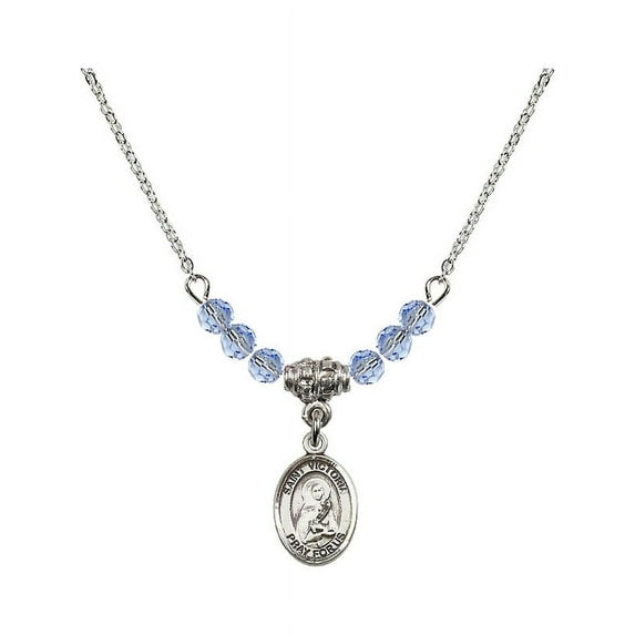 18-Inch Rhodium Plated Necklace with 4mm Light Blue September Birth Month Stone Beads and Saint Victoria Charm