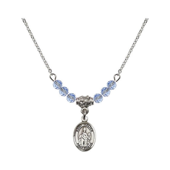 18-Inch Rhodium Plated Necklace with 4mm Light Blue September Birth Month Stone Beads and Saint Walter of Pontoise Charm