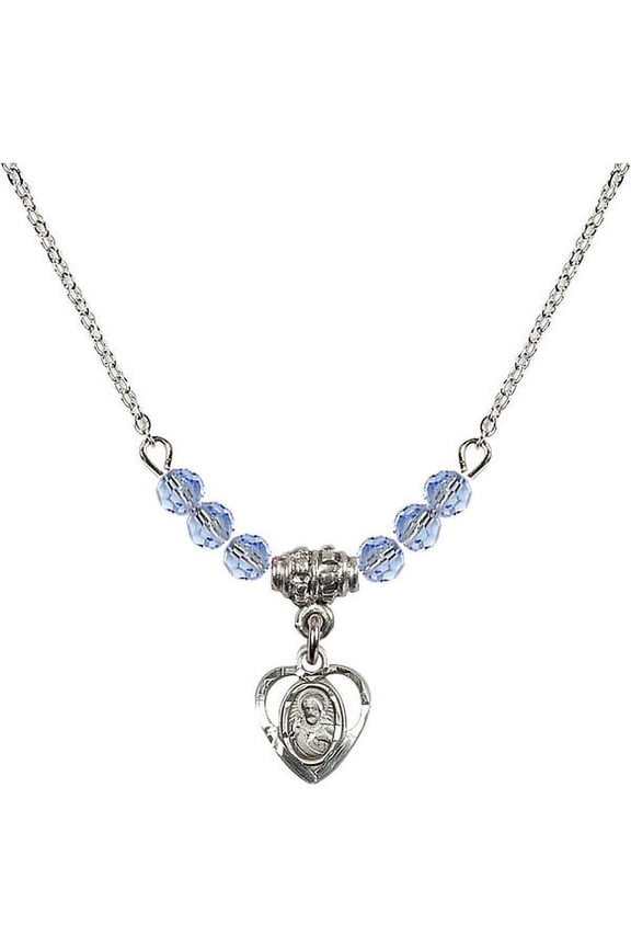 18-Inch Rhodium Plated Necklace with 4mm Light Blue September Birth Month Stone Beads and Scapular Charm