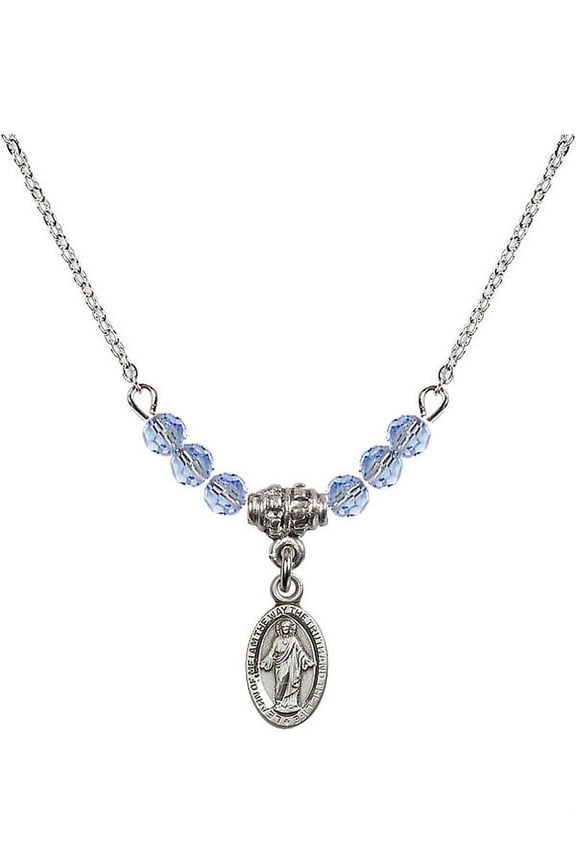 18-Inch Rhodium Plated Necklace with 4mm Light Blue September Birth Month Stone Beads and Scapular Charm