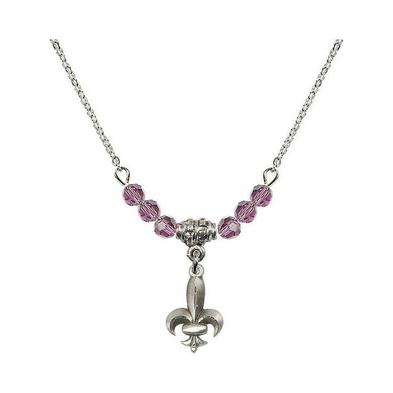 18-Inch Rhodium Plated Necklace with 4mm Light Purple February Birth Month Stone Beads and Fleur de Lis Charm