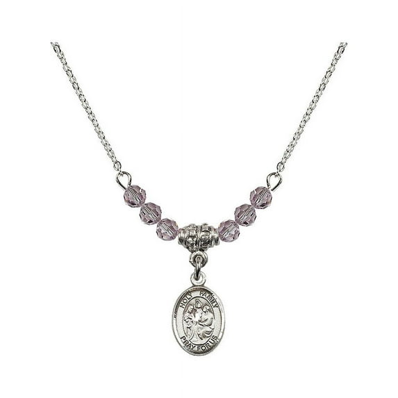18-Inch Rhodium Plated Necklace with 4mm Light Purple February Birth Month Stone Beads and Holy Family Charm
