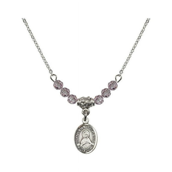 18-Inch Rhodium Plated Necklace with 4mm Light Purple February Birth Month Stone Beads and Immaculate Heart of Mary Charm