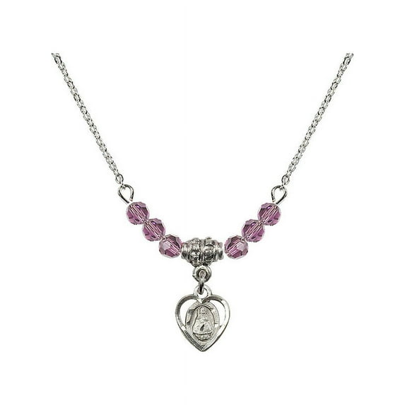 18-Inch Rhodium Plated Necklace with 4mm Light Purple February Birth Month Stone Beads and Infant Charm