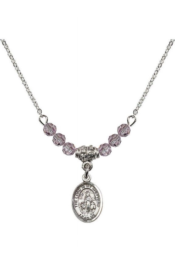 18-Inch Rhodium Plated Necklace with 4mm Light Purple February Birth Month Stone Beads and Lord Is My Shepherd Charm