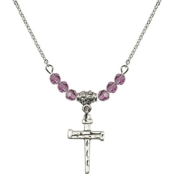 18-Inch Rhodium Plated Necklace with 4mm Light Purple February Birth Month Stone Beads and Nail Cross Charm