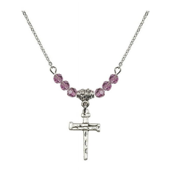 18-Inch Rhodium Plated Necklace with 4mm Light Purple February Birth Month Stone Beads and Nail Cross Charm