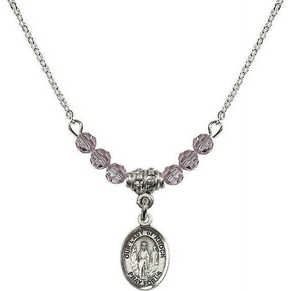 18-Inch Rhodium Plated Necklace with 4mm Light Purple February Birth Month Stone Beads and Our Lady of Knock Charm