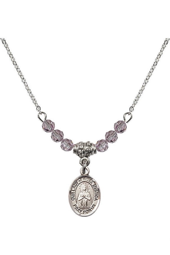 18-Inch Rhodium Plated Necklace with 4mm Light Purple February Birth Month Stone Beads and Our Lady of Rosa Mystica Charm