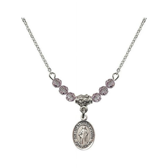 18-Inch Rhodium Plated Necklace with 4mm Light Purple February Birth Month Stone Beads and Our Lady the Undoer of Knots Charm