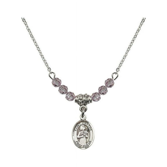 18-Inch Rhodium Plated Necklace with 4mm Light Purple February Birth Month Stone Beads and Saint Agatha Charm