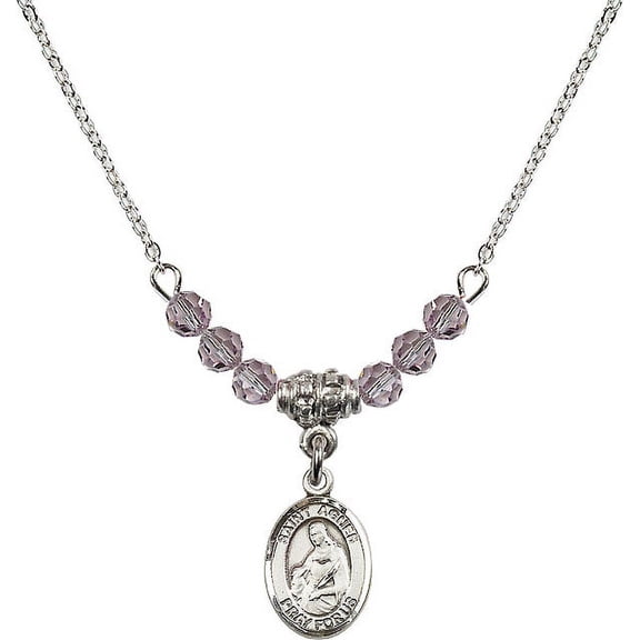 18-Inch Rhodium Plated Necklace with 4mm Light Purple February Birth Month Stone Beads and Saint Agnes of Rome Charm