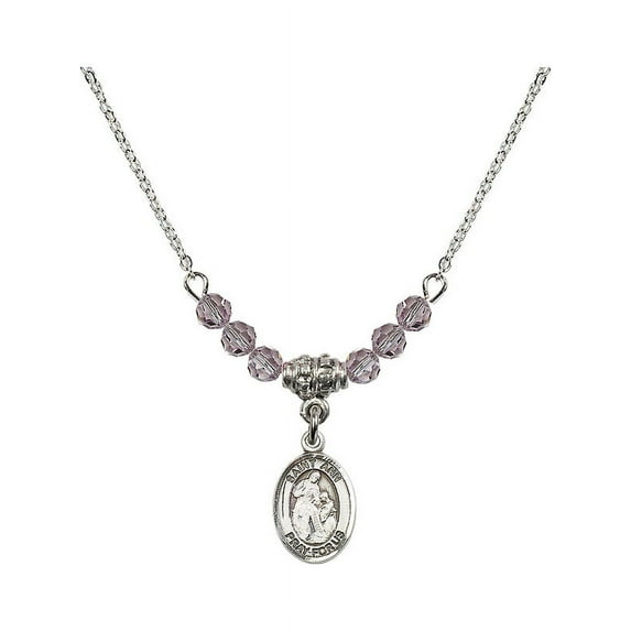 18-Inch Rhodium Plated Necklace with 4mm Light Purple February Birth Month Stone Beads and Saint Ann Charm