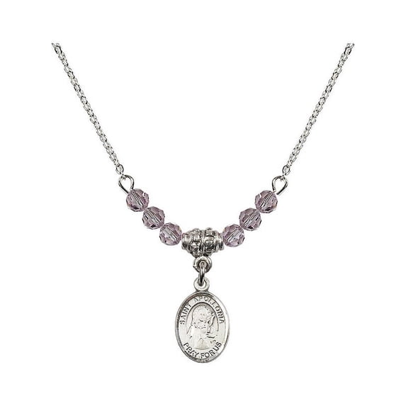 18-Inch Rhodium Plated Necklace with 4mm Light Purple February Birth Month Stone Beads and Saint Apollonia Charm