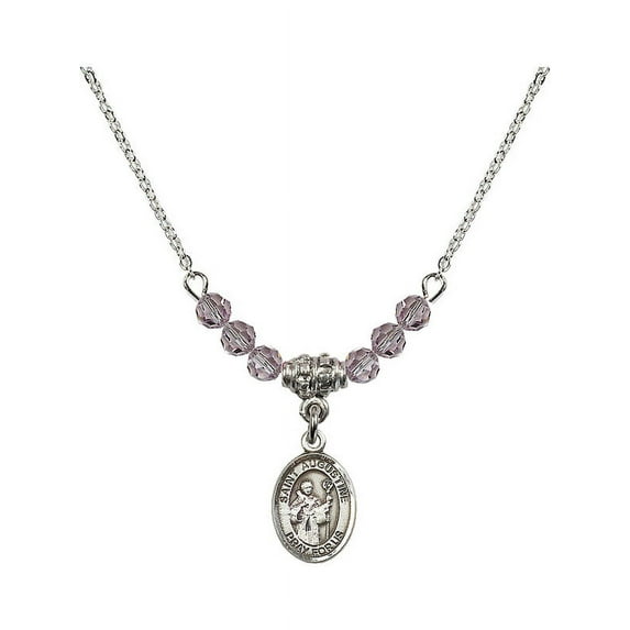 18-Inch Rhodium Plated Necklace with 4mm Light Purple February Birth Month Stone Beads and Saint Augustine Charm