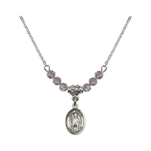 18-Inch Rhodium Plated Necklace with 4mm Light Purple February Birth Month Stone Beads and Saint Austin Charm