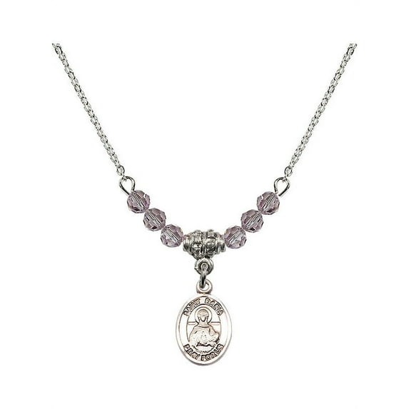 18-Inch Rhodium Plated Necklace with 4mm Light Purple February Birth Month Stone Beads and Saint Daria Charm