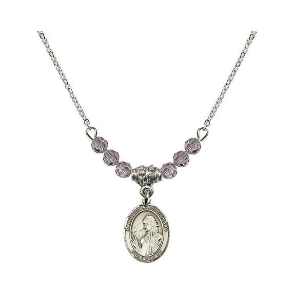 18-Inch Rhodium Plated Necklace with 4mm Light Purple February Birth Month Stone Beads and Saint Finnian of Clonard Charm