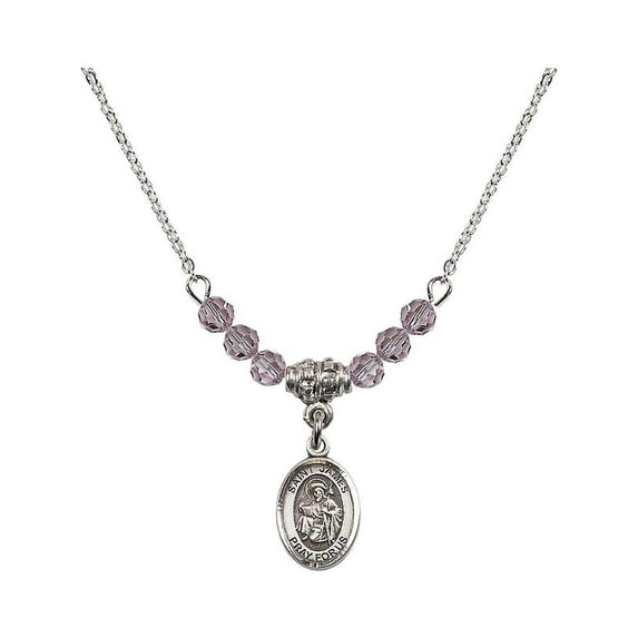 18-Inch Rhodium Plated Necklace with 4mm Light Purple February Birth Month Stone Beads and Saint James the Greater Charm