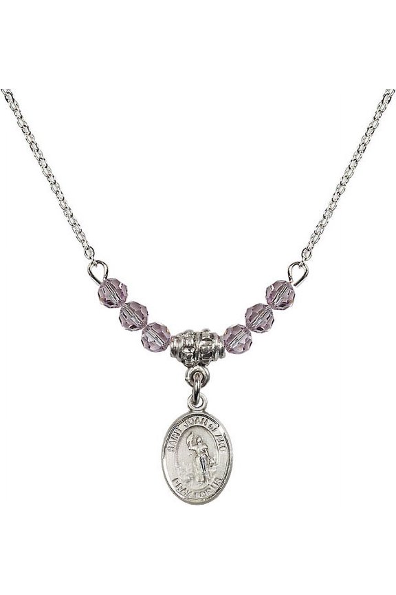 18-Inch Rhodium Plated Necklace with 4mm Light Purple February Birth Month Stone Beads and Saint Joan of Arc Charm