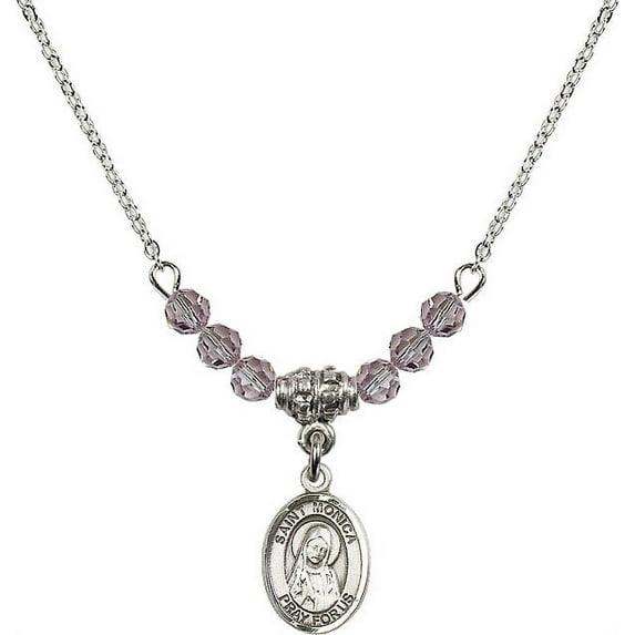 18-Inch Rhodium Plated Necklace with 4mm Light Purple February Birth Month Stone Beads and Saint Monica Charm