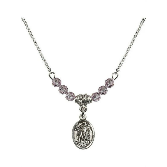 18-Inch Rhodium Plated Necklace with 4mm Light Purple February Birth Month Stone Beads and Saint Polycarp of Smyrna Charm