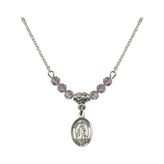 18-Inch Rhodium Plated Necklace with 4mm Light Purple February Birth Month Stone Beads and Saint Rachel Charm