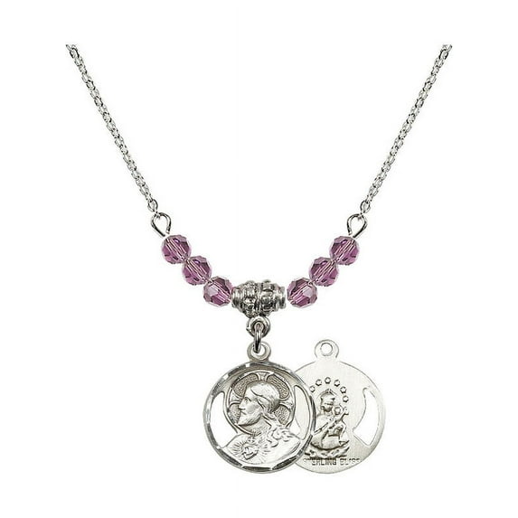 18-Inch Rhodium Plated Necklace with 4mm Light Purple February Birth Month Stone Beads and Scapular Charm