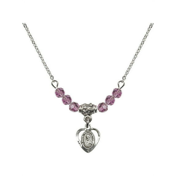 18-Inch Rhodium Plated Necklace with 4mm Light Purple February Birth Month Stone Beads and Scapular Charm