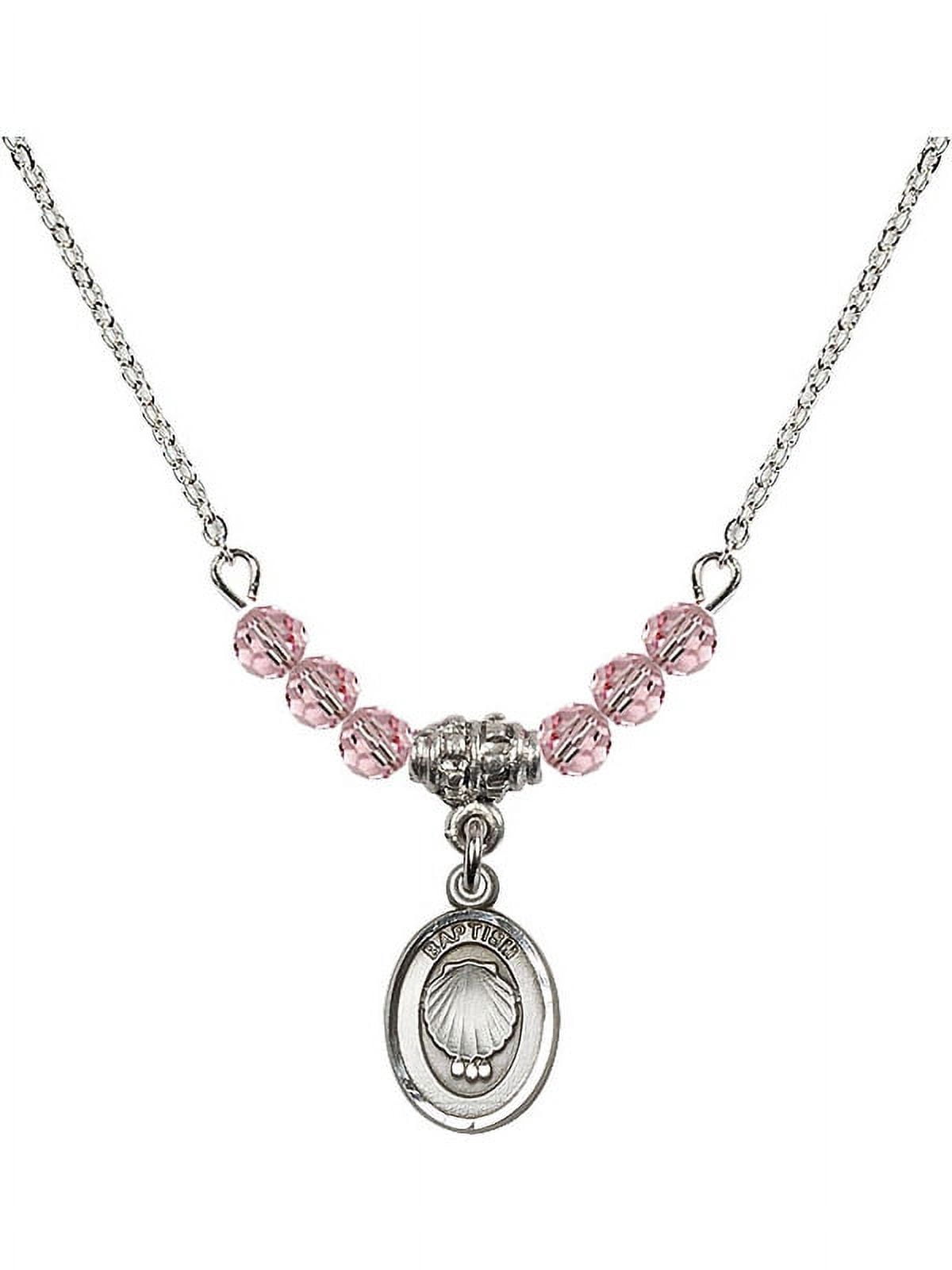 18-Inch Rhodium Plated Necklace with 4mm Light Rose Pink October Birth Month Stone Beads and Baptism Charm