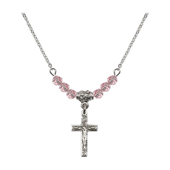 18-Inch Rhodium Plated Necklace with 4mm Light Rose Pink October Birth Month Stone Beads and Crucifix Charm