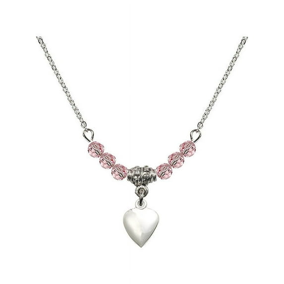 18-Inch Rhodium Plated Necklace with 4mm Light Rose Pink October Birth Month Stone Beads and Heart Charm
