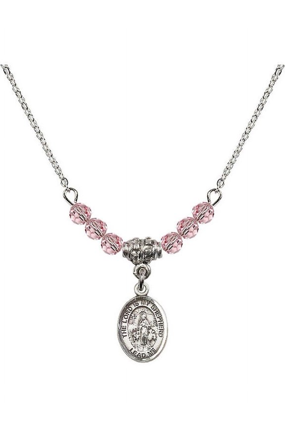 18-Inch Rhodium Plated Necklace with 4mm Light Rose Pink October Birth Month Stone Beads and Lord Is My Shepherd Charm
