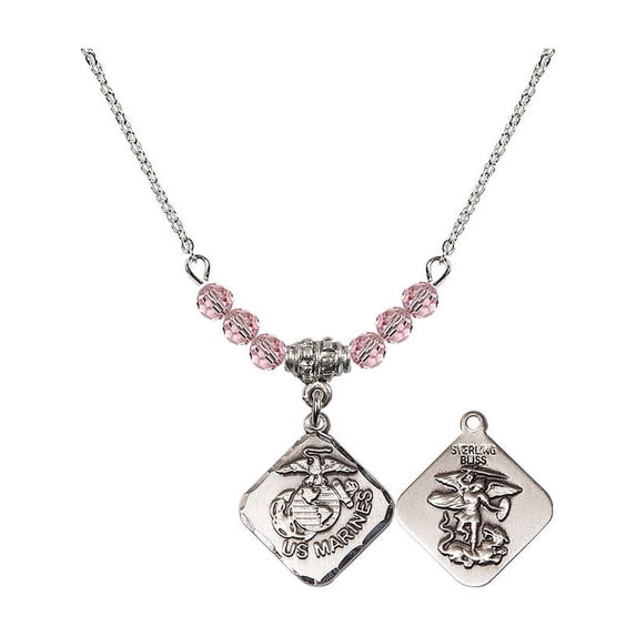 18-Inch Rhodium Plated Necklace with 4mm Light Rose Pink October Birth Month Stone Beads and Marines Diamond Charm