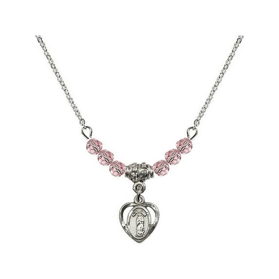 18-Inch Rhodium Plated Necklace with 4mm Light Rose Pink October Birth Month Stone Beads and Our Lady of Guadalupe Charm