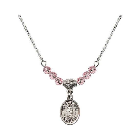 18-Inch Rhodium Plated Necklace with 4mm Light Rose Pink October Birth Month Stone Beads and Our Lady of Tears Charm