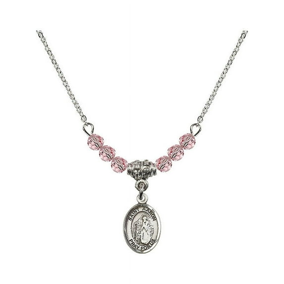 18-Inch Rhodium Plated Necklace with 4mm Light Rose Pink October Birth Month Stone Beads and Saint Aaron Charm