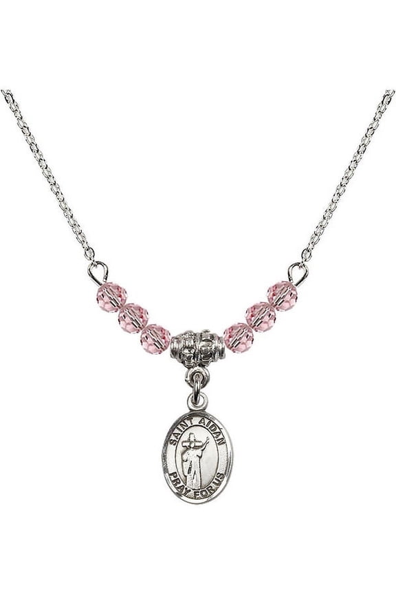 18-Inch Rhodium Plated Necklace with 4mm Light Rose Pink October Birth Month Stone Beads and Saint Aidan of Lindesfarne Charm